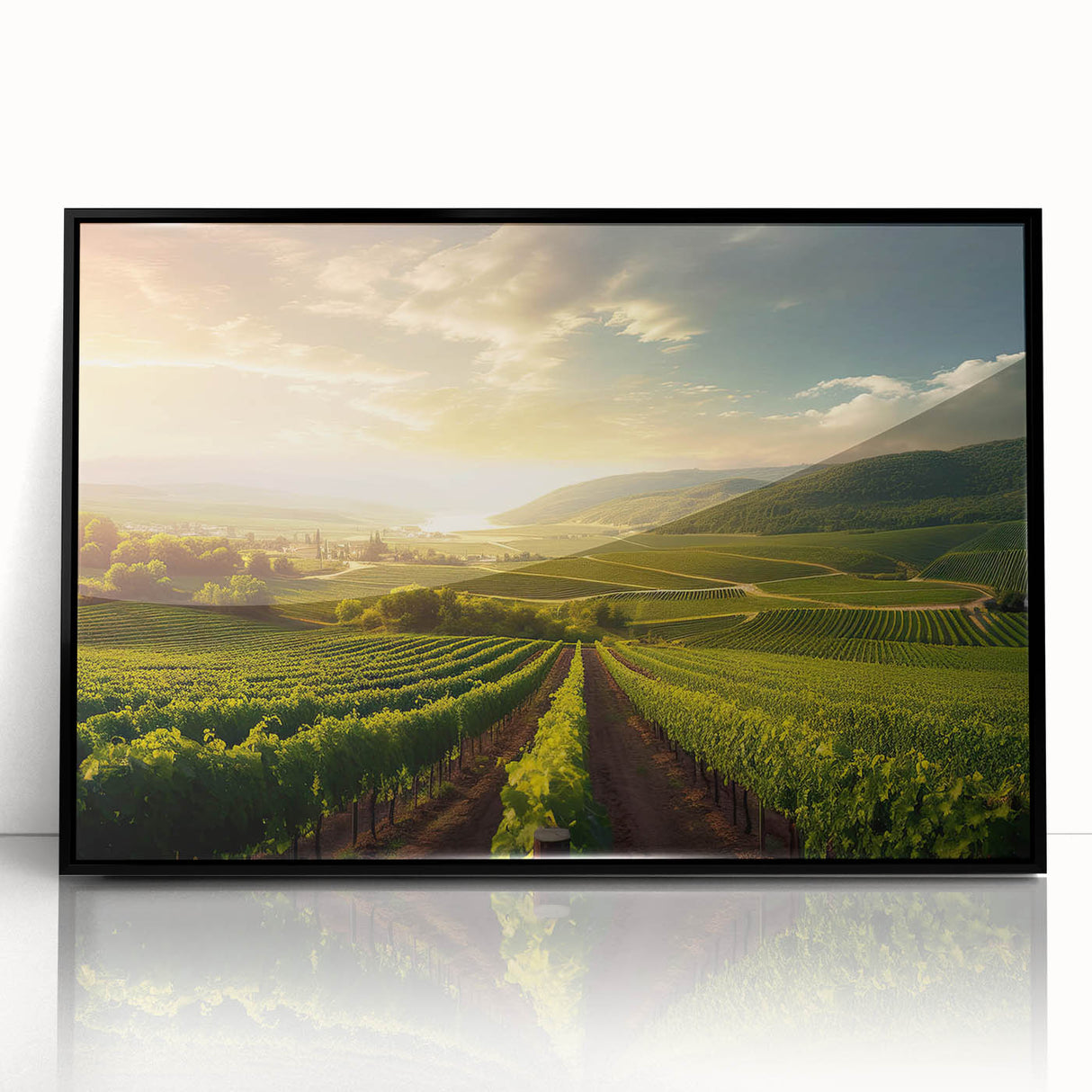 Framed wall art depicting a scenic vineyard landscape, featuring lush green vines and rolling hills, showcased in a sleek black frame, ideal for home décor.
