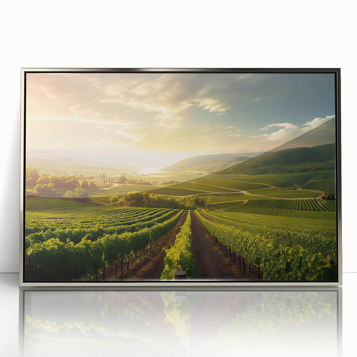 Framed acrylic wall art showcasing a vibrant vineyard landscape with rich green vines and a serene blue sky, ideal for enhancing home decor and atmosphere.