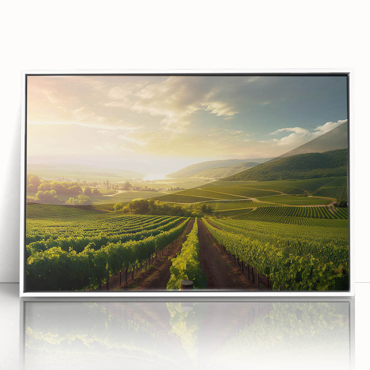Framed wall art collection featuring a scenic vineyard landscape design, showcasing lush green vines and rolling hills in a sleek white frame, ideal for home decor.
