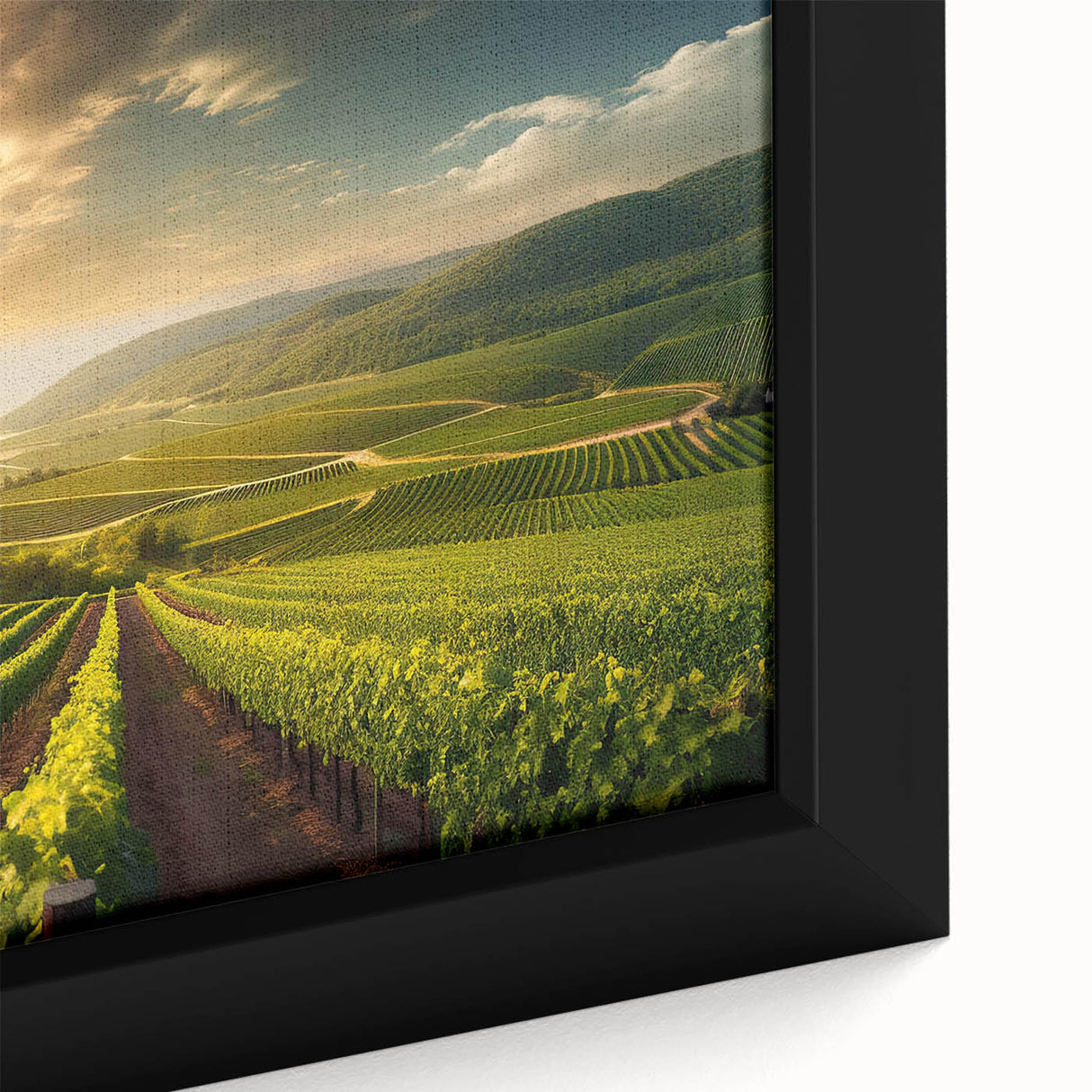 Framed canvas of a vibrant vineyard landscape, showcasing lush green vines and rolling hills under a blue sky, perfect for enhancing home decor with a touch of nature.