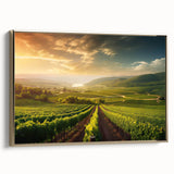 Framed canvas wall art showcasing a picturesque vineyard landscape, with rolling hills and lush grapevines under a clear blue sky, accented by a gold frame for an elegant touch. Perfect for home decor.