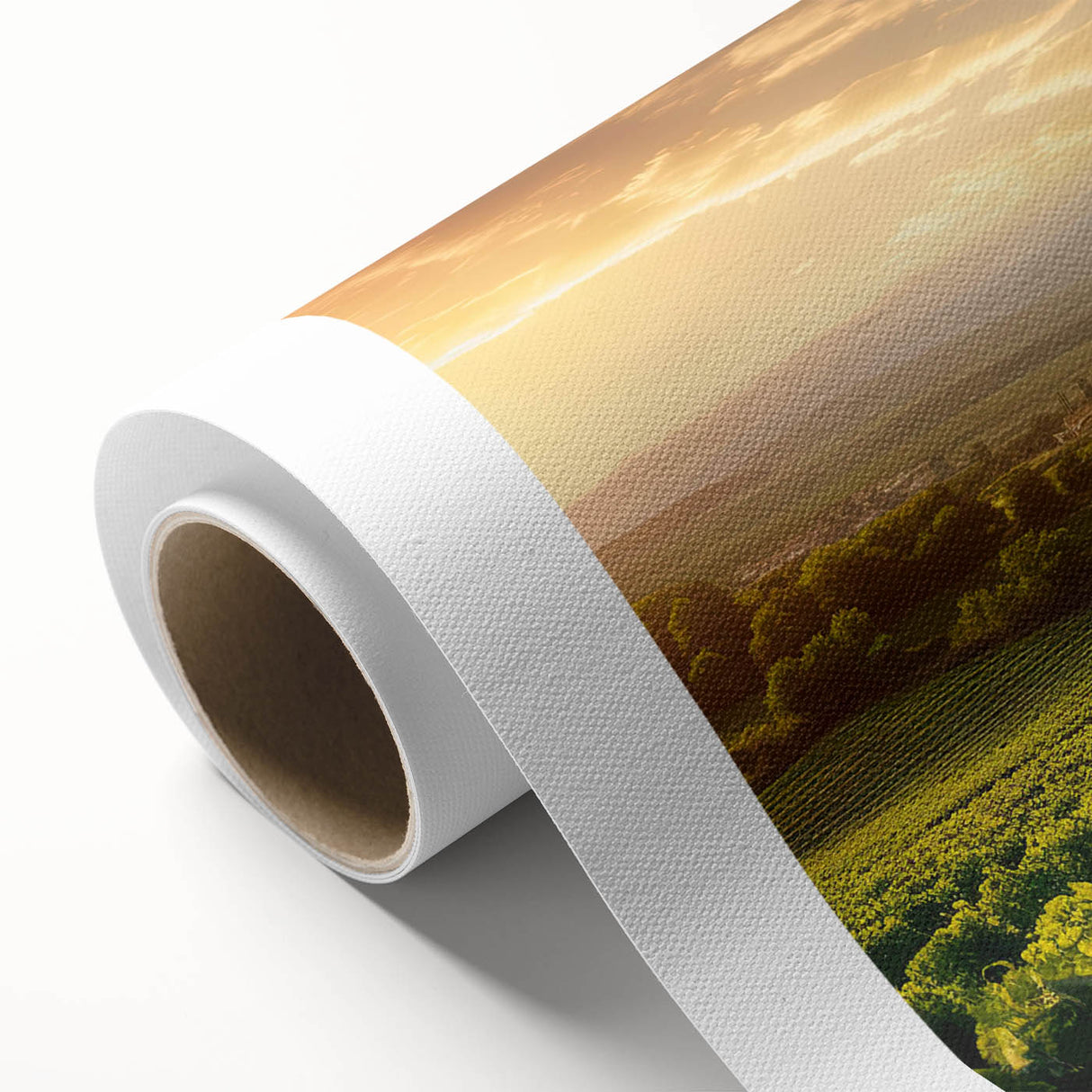 Vibrant vineyard landscape wall art design on rolled canvas, showcasing lush green vines under a blue sky, ideal for home decor or wine enthusiast gifts.