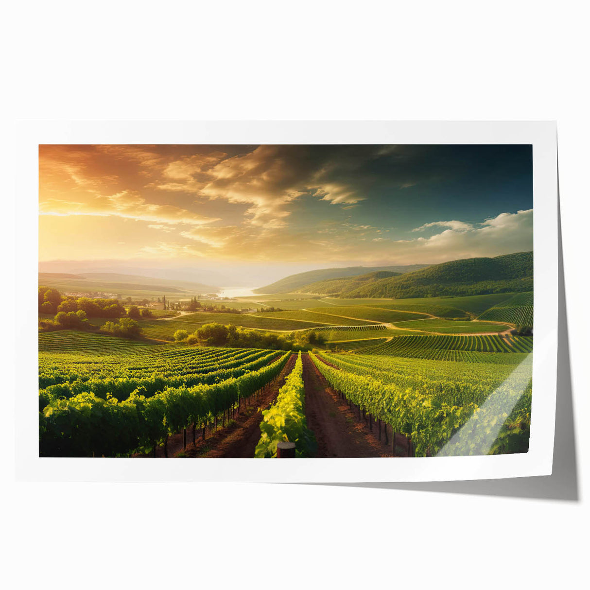 Vibrant rolled print of a picturesque vineyard landscape, showcasing lush green vines and rolling hills under a clear blue sky, perfect for home decor.
