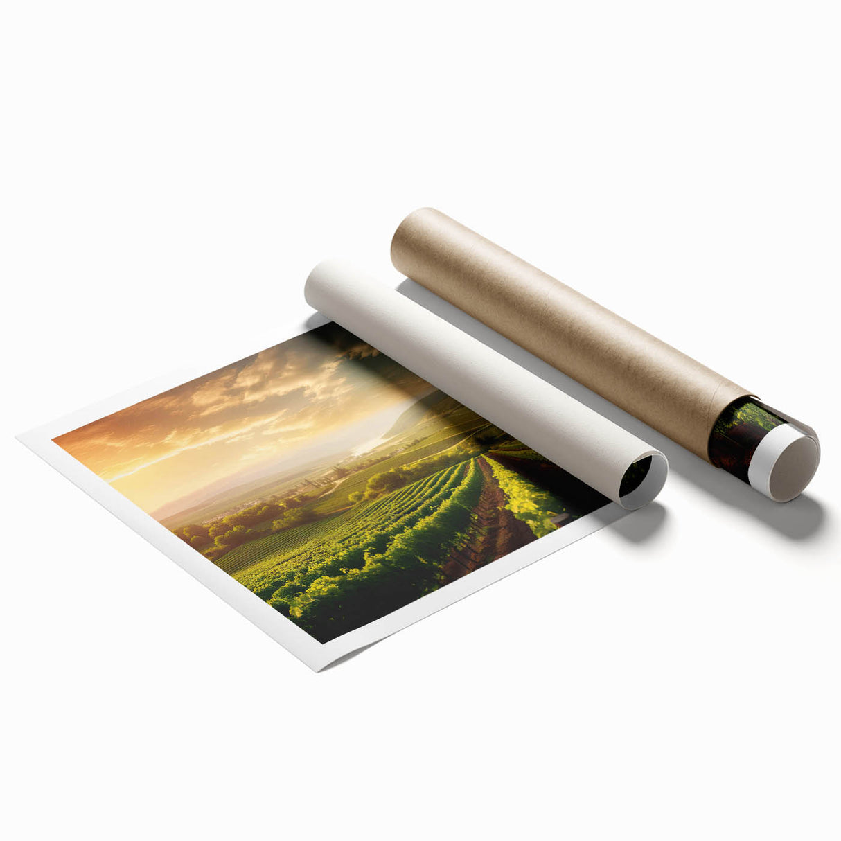 Vibrant rolled print of a vineyard landscape showcasing lush green vines under a bright blue sky, ideal for home decor or art collection. Perfect for wine enthusiasts.