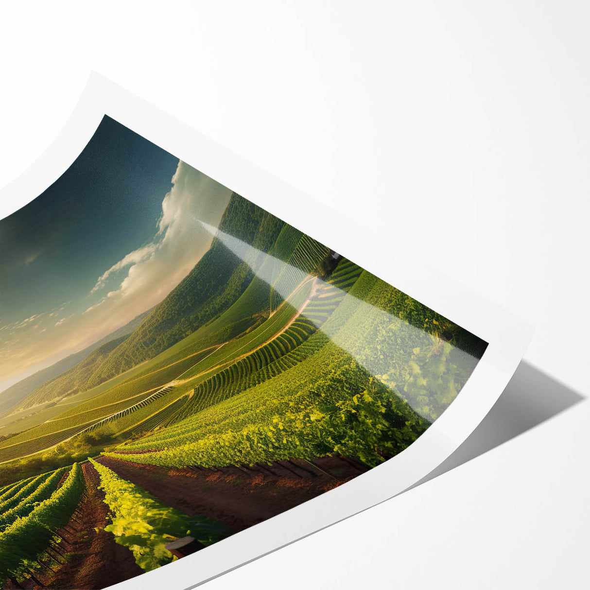 Vibrant vineyard landscape wall art print showcasing lush green vines and rolling hills, ideal for adding elegance to home decor. Perfect for wine enthusiasts.