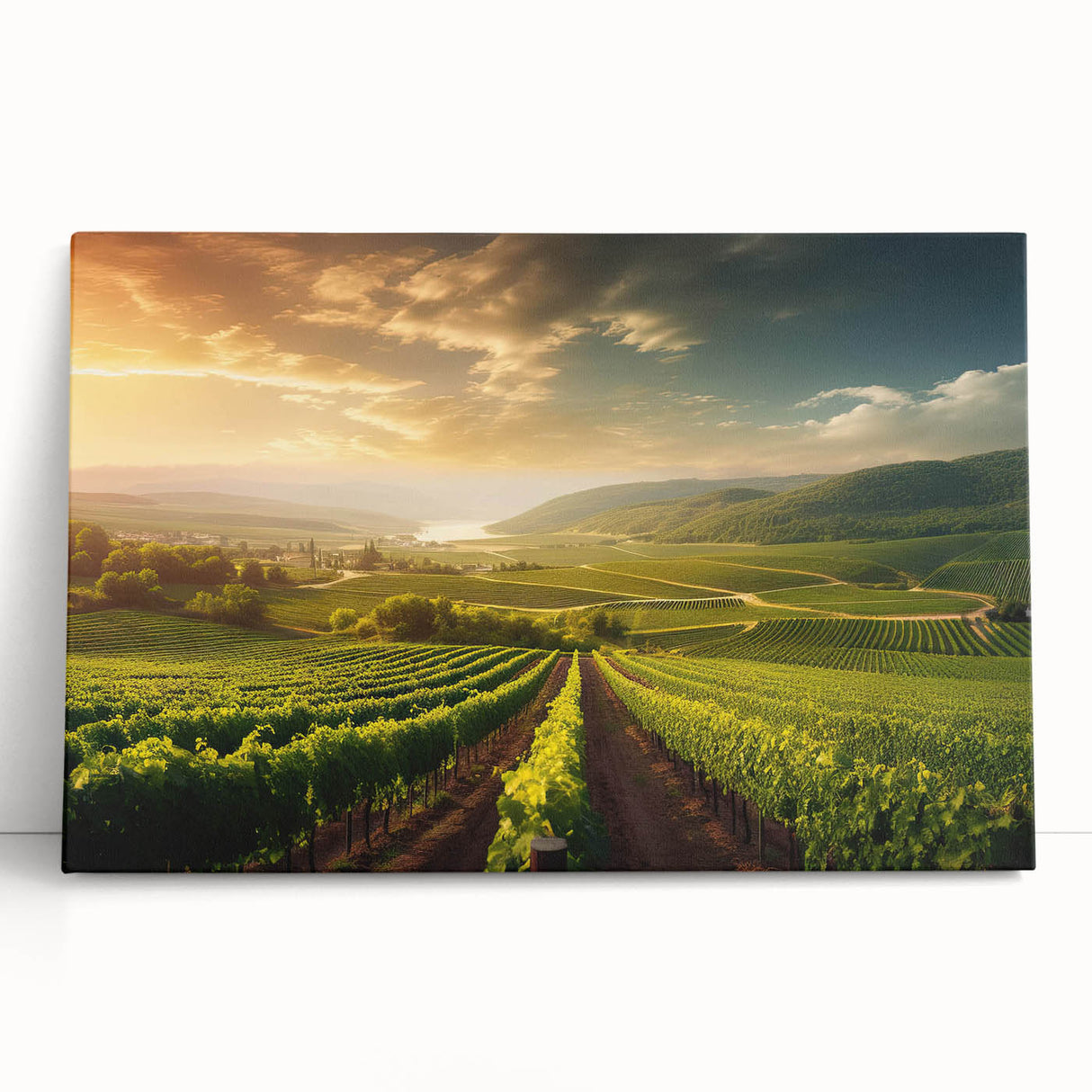 Lush vineyard landscape canvas art featuring rolling hills, vibrant green vines, and a serene blue sky, perfect for enhancing modern home decor aesthetics.
