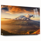 Acrylic glass wall art depicting a vibrant volcano landscape design, displayed with pins against a white backdrop, ideal for modern home decor and art enthusiasts.