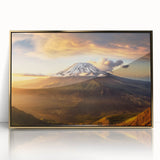 Framed acrylic wall art showcasing a vibrant volcano landscape design in gold accents, ideal for enhancing modern interior decor with its striking colors and dramatic imagery.