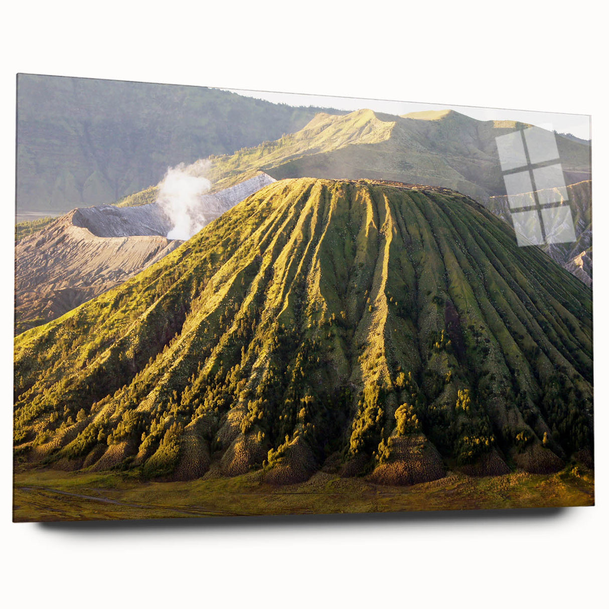 Vibrant acrylic glass wall art featuring a stunning volcano landscape design, showcasing vivid colors and intricate details, ideal for modern home decor.