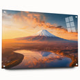 Acrylic glass wall art showcasing a vibrant volcano landscape design in a contemporary side view, elegantly displayed with pins for easy mounting, perfect for modern decor.