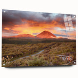Acrylic glass wall art showcasing a vibrant volcano landscape design from the collection, displayed in a side view with decorative pins, ideal for modern décor.