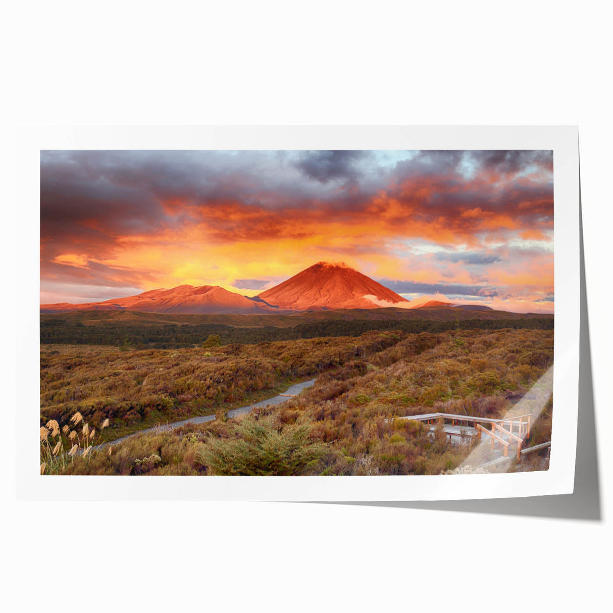Vibrant landscape wall art print showcasing a dramatic volcano scene with vivid colors and intricate details, perfect for home decor or art collection. The rolled print is designed for easy framing and display, enhancing any interior space with a touch of natural beauty and adventure.