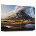 Acrylic glass wall art showcasing a vibrant volcano landscape design, side view with decorative pins, ideal for modern home decor and art enthusiasts.