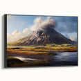 Framed canvas wall art depicting a vibrant volcano landscape design, showcasing bold colors and dramatic details, perfect for enhancing home decor. The artwork features a sleek black frame, adding a modern touch to any room setting.