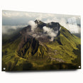 Vibrant acrylic glass wall art featuring a stunning volcano landscape design, presented in a side view with pins for easy display, perfect for home decor enthusiasts.
