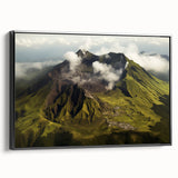 Framed wall art showcasing a stunning volcano landscape design with vibrant colors, set against a sleek black frame, ideal for modern home decor.