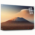 Acrylic glass wall art showcasing a vibrant volcano landscape design, framed and displayed with pins, ideal for home decor enthusiasts seeking unique, colorful artwork.