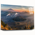 Vibrant acrylic glass wall art featuring a striking volcano landscape design, showcasing rich colors and intricate details, elegantly displayed with pins. Perfect for modern decor.