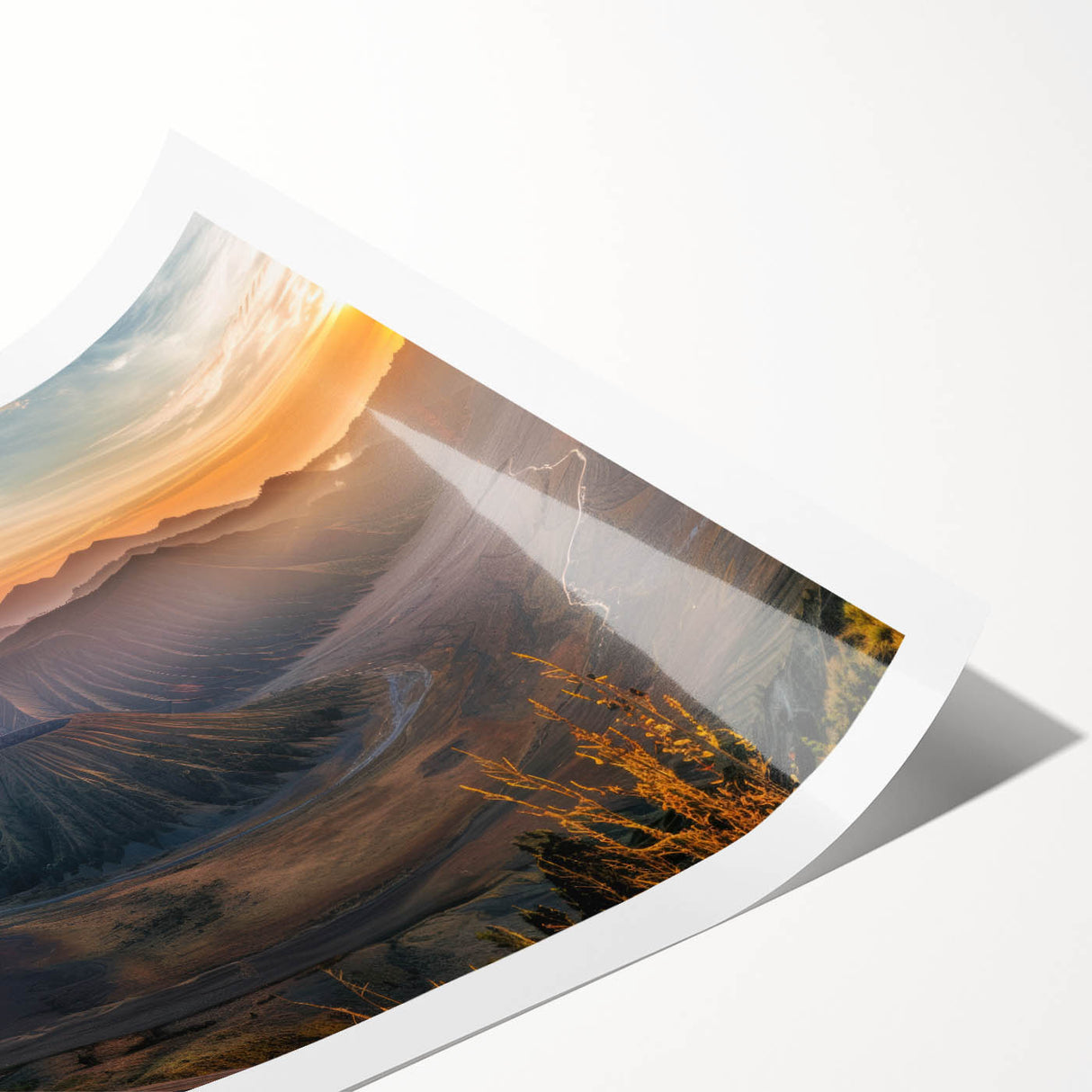Vibrant volcano landscape wall art print showcasing bold colors and dynamic patterns, elegantly rolled for easy framing and display. Perfect for modern decor.