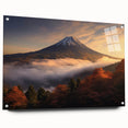 Acrylic glass wall art collection showcasing a vibrant volcano landscape design, displayed in a side view with pins, perfect for modern home decor.