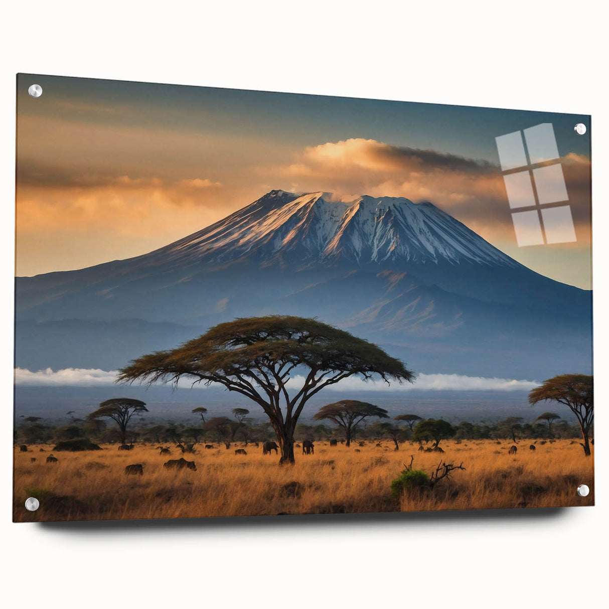 Vibrant acrylic glass wall art showcasing a stunning volcano landscape design, featuring dynamic colors and intricate details, perfect for contemporary interior decor.