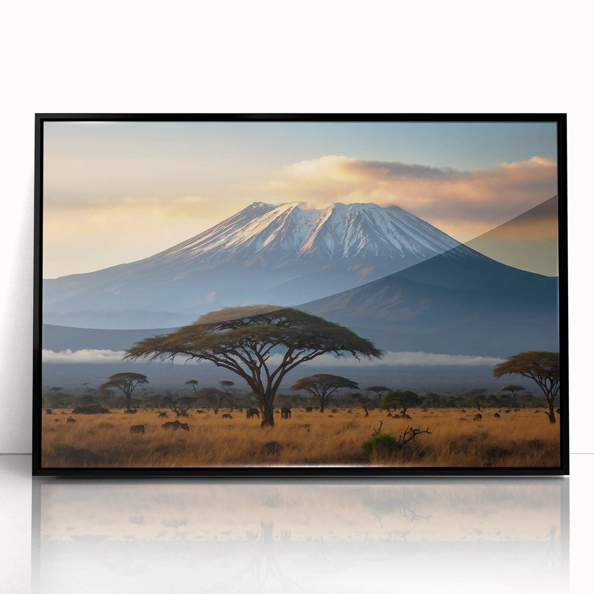 Framed acrylic wall art showcasing a vibrant volcano landscape design, featuring bold colors and dramatic contrasts, perfect for modern home decor.