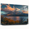 Acrylic wall art collection showcasing a vibrant volcano landscape design in a side view, featuring colorful pins for mounting, perfect for modern decor enthusiasts.