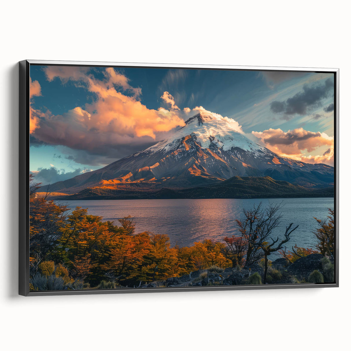 Framed canvas wall art featuring a vibrant volcano landscape design with dramatic colors and bold details, elegantly showcased with a sleek black frame, perfect for modern home decor.