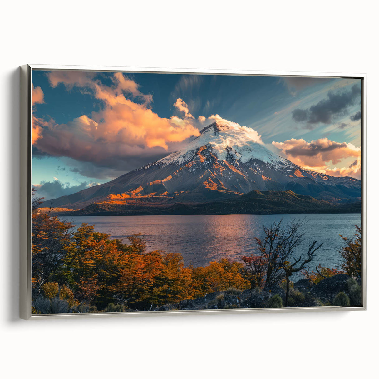 Framed canvas wall art featuring a stunning volcano landscape design with vibrant colors and silver accents, showcasing a unique artistic perspective perfect for home decor.