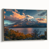 Framed canvas wall art featuring a stunning volcano landscape design with vibrant colors and silver accents, showcasing a unique artistic perspective perfect for home decor.