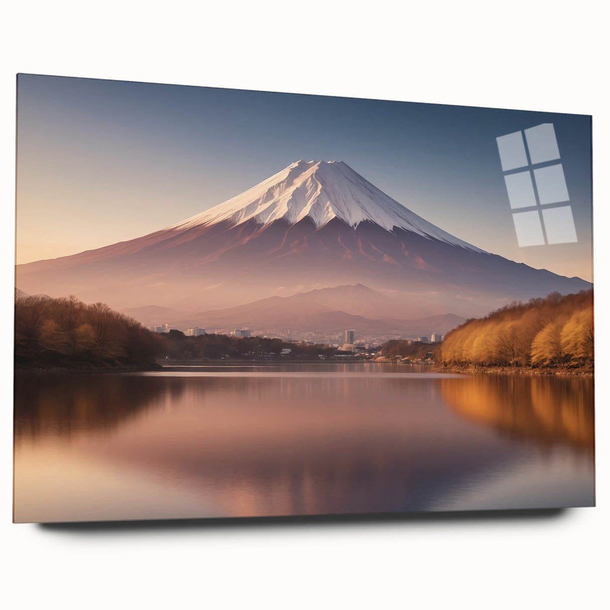 Acrylic glass wall art showcasing a vibrant volcano landscape design in bold colors, featuring dynamic textures and a sleek side view, perfect for modern decor.