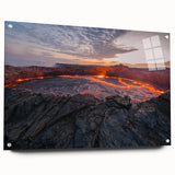 Acrylic glass wall art collection showcasing a vibrant volcano landscape design, displayed in a side view with decorative pins, enhancing modern home decor.