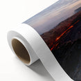 Vibrant rolled canvas featuring a stunning landscape of an erupting volcano, showcasing bold colors and dynamic textures, ideal for home decor.