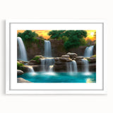 Framed landscape wall art featuring a serene waterfall scene, with a white mat and frame, perfect for home decor, adding tranquility and nature-inspired elegance.