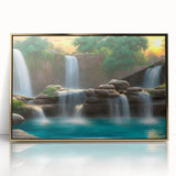 Framed acrylic wall art featuring a vibrant waterfall landscape design with golden accents, perfect for home decor. Ideal for nature enthusiasts seeking elegance.