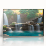 Framed acrylic wall art featuring a stunning waterfall landscape design with vibrant colors and intricate details, perfect for home decor enhancement.