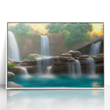 Framed wall art collection showcasing a vibrant waterfall landscape design with acrylic finish, set against a sleek white frame, perfect for home decor.