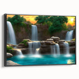 Framed canvas wall art showcasing a serene waterfall landscape with vibrant colors and intricate details, viewed from the side, ideal for home decor.
