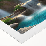 Vibrant rolled canvas artwork depicting a serene waterfall landscape, showcasing lush greenery and cascading water, perfect for nature-themed home decor.
