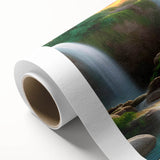 Rolled canvas artwork showcasing a vibrant waterfall landscape with lush greenery, ideal for home decor. Packaged securely in a cardboard tube for delivery.