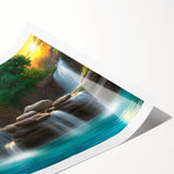 Vibrant rolled print of a serene landscape waterfall design, showcasing lush greenery and cascading water, ideal for enhancing home decor in a natural theme.