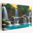 Stretched canvas wall art showcasing a vibrant waterfall landscape design with lush greenery and blue skies, ideal for home decor.