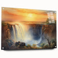 Acrylic wall art piece showcasing a vibrant landscape of cascading waterfalls, framed with modern pins. The artwork features lush greenery and a serene blue sky, perfect for enhancing any home decor.