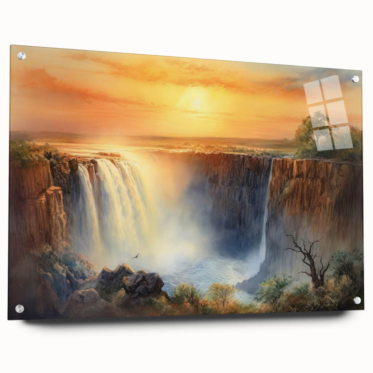 Acrylic wall art piece showcasing a vibrant landscape of cascading waterfalls, framed with modern pins. The artwork features lush greenery and a serene blue sky, perfect for enhancing any home decor.