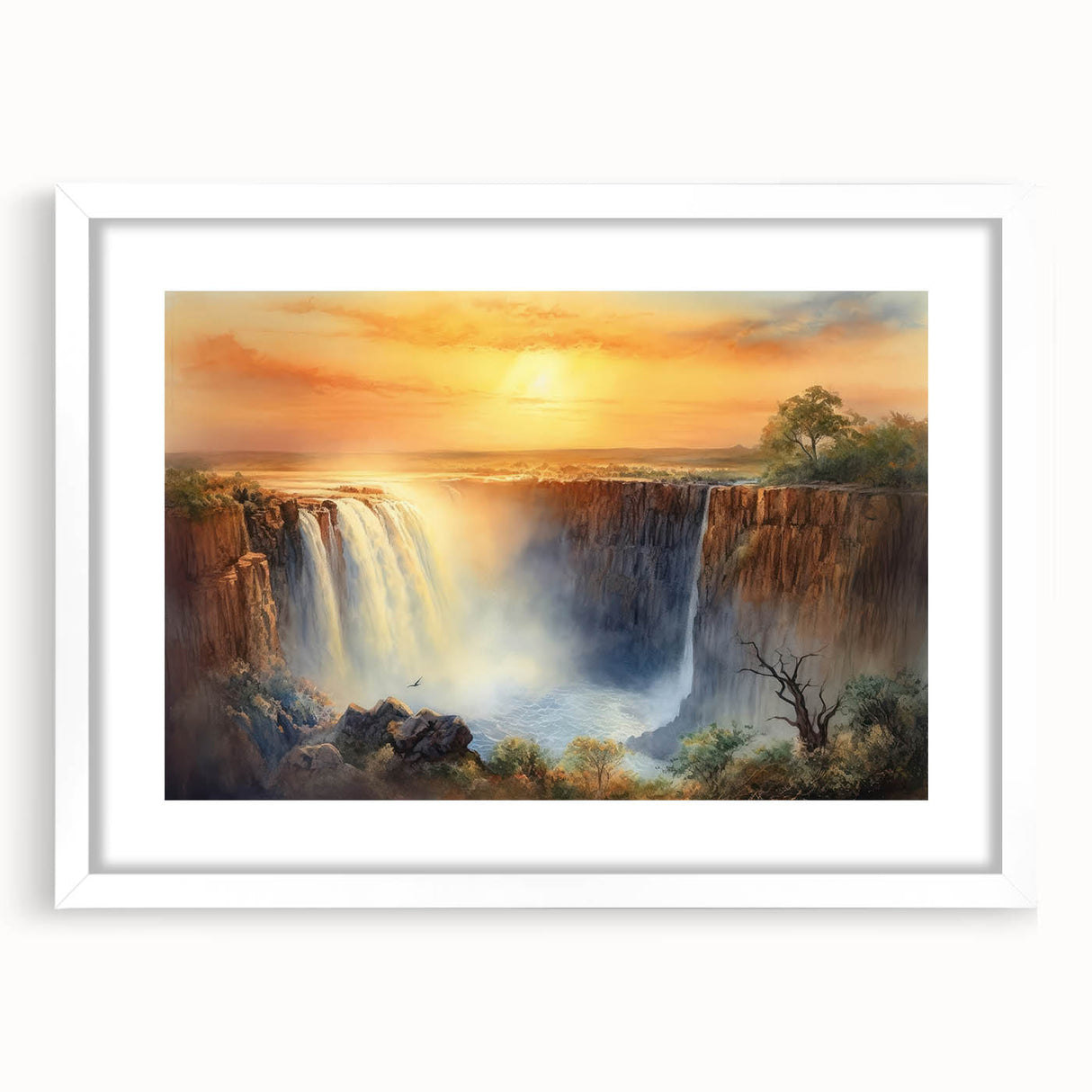 Framed wall art showcasing a stunning landscape waterfall design with vibrant colors, featuring a white mat and sleek frame, ideal for home decor.
