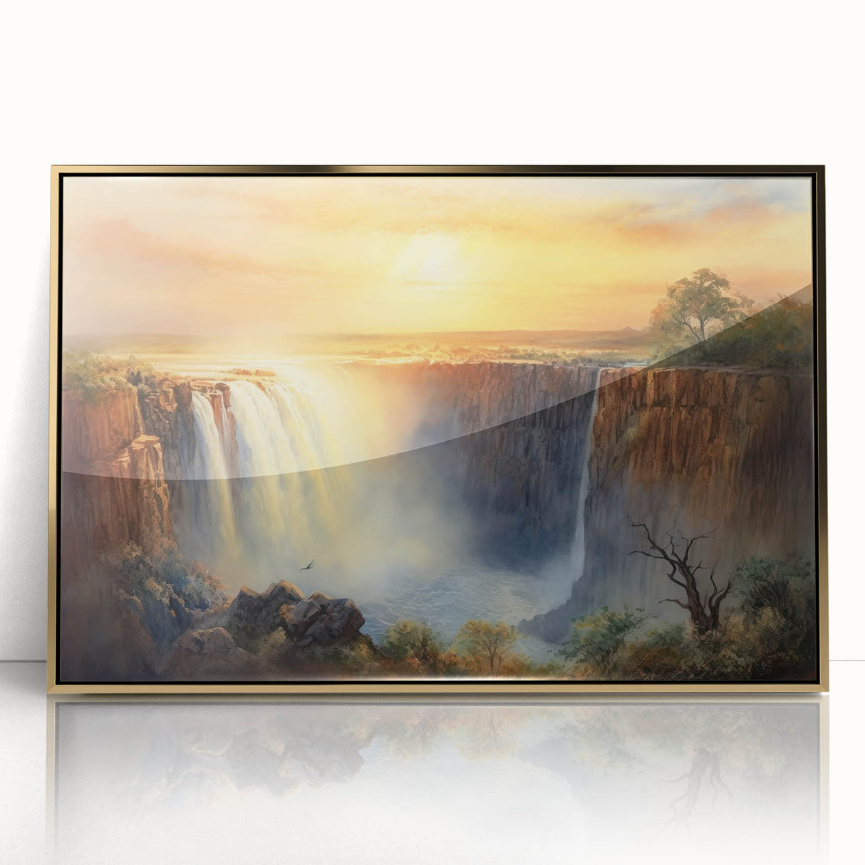 Framed wall art featuring a stunning waterfall landscape design, highlighted with acrylic elements and a luxurious gold frame, perfect for home decor.