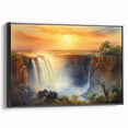 Framed canvas wall art showcasing a stunning waterfall landscape design, featuring vibrant blues and greens, set against a sleek black frame for a modern touch. Perfect for home decor.