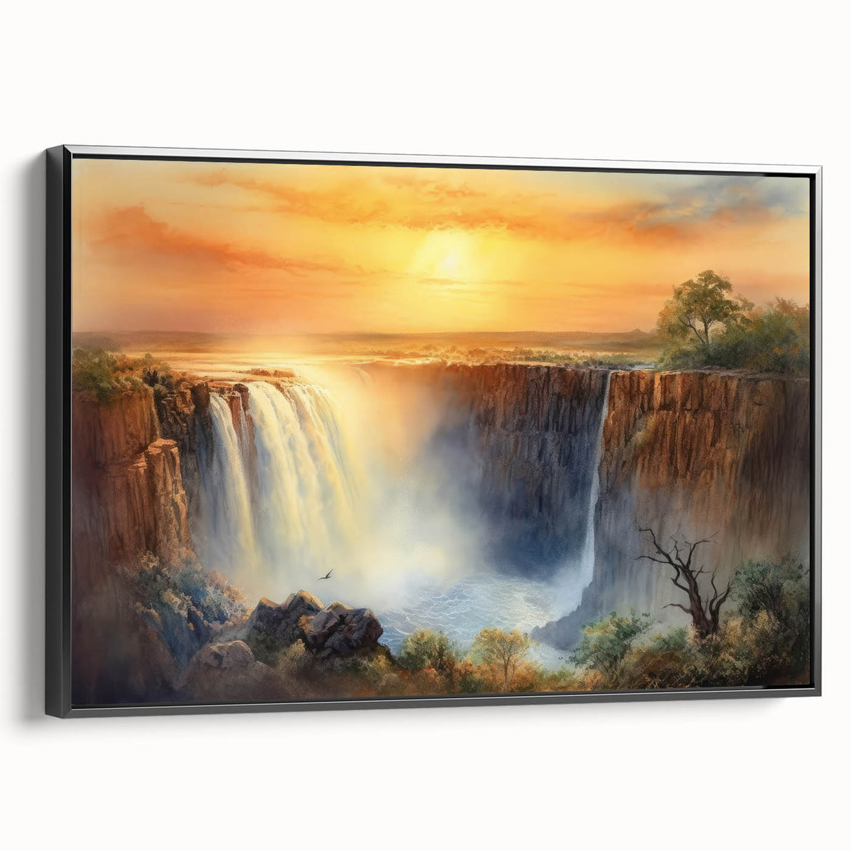 Framed canvas wall art showcasing a stunning waterfall landscape design, featuring vibrant blues and greens, set against a sleek black frame for a modern touch. Perfect for home decor.