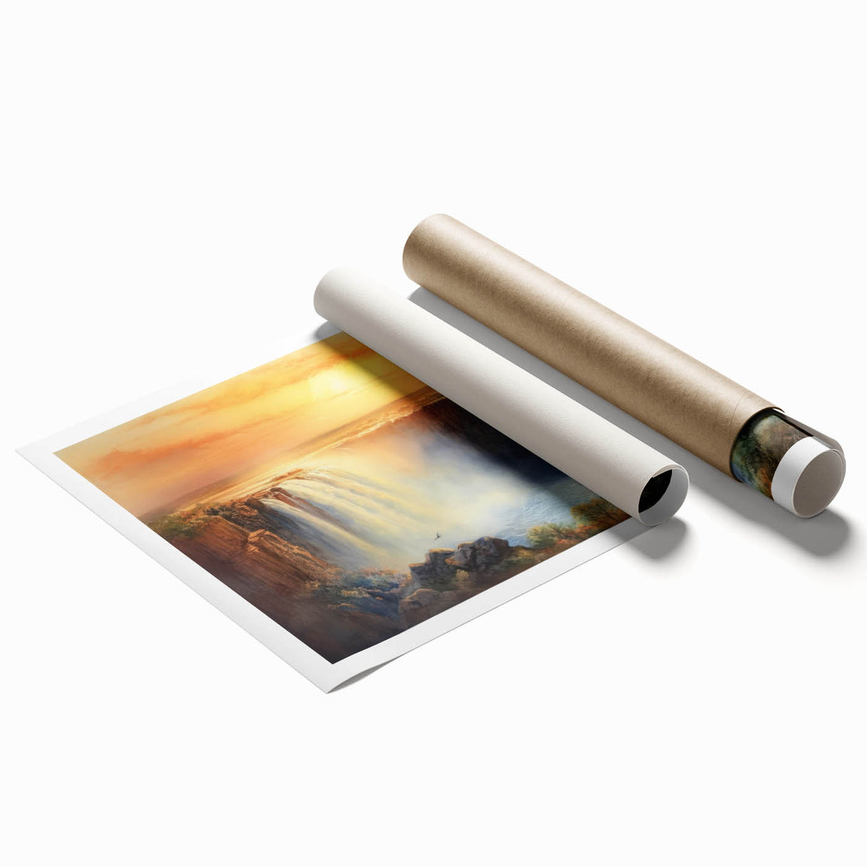 Vibrant rolled wall art print showcasing a serene waterfall landscape with lush greenery and flowing water, ideal for nature-themed decor, packaged for safe delivery.