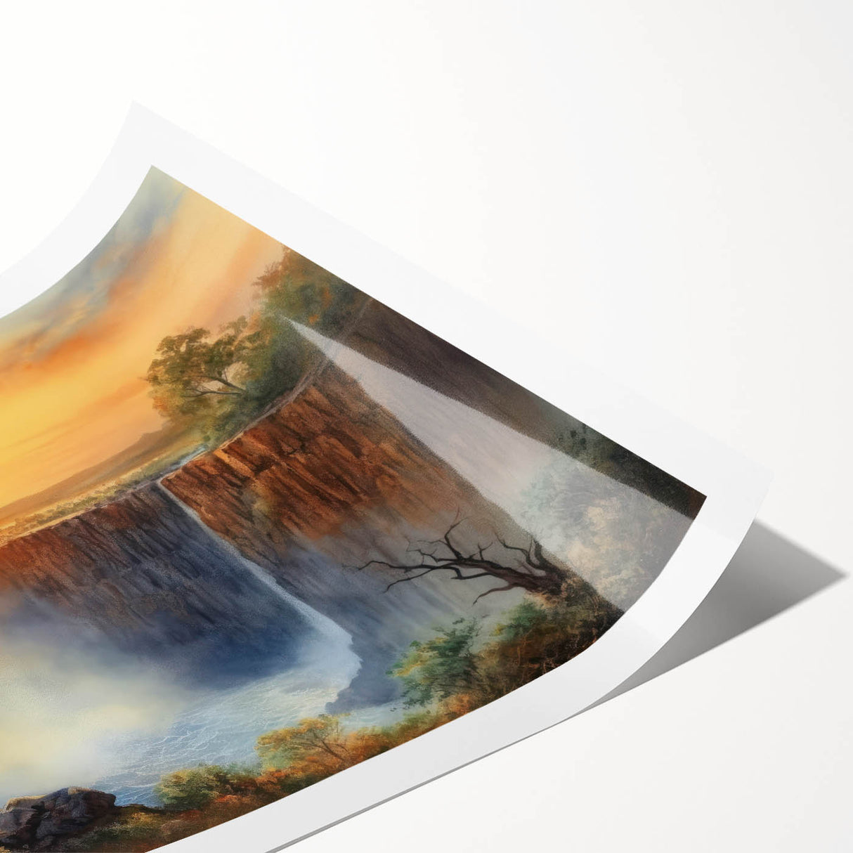 Vibrant landscape waterfall wall art print showcasing cascading water and lush greenery, ideal for home decor. Rolled design for easy framing and display.